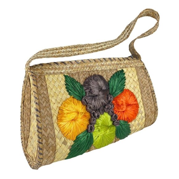 Vintage Woven Straw Purse Floral Festival Raffia Corn Husk Shoulder Bag Flowers - Picture 1 of 10